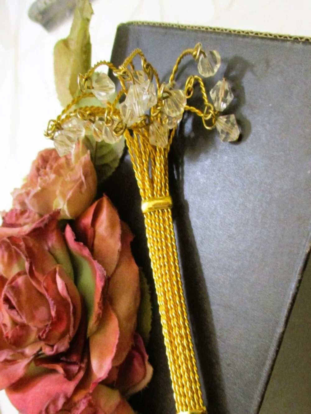 VINTAGE Fountain Spray Brooch: Gold Plate Crystal Dangle Statement Jewelry